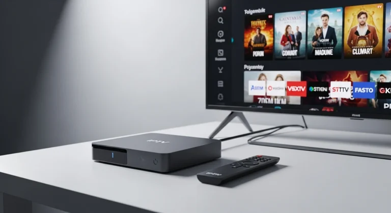 Modern IPTV-kastje aangesloten op een tv met streaminginterface in een stijlvolle woonkamer.IPTV Kastje