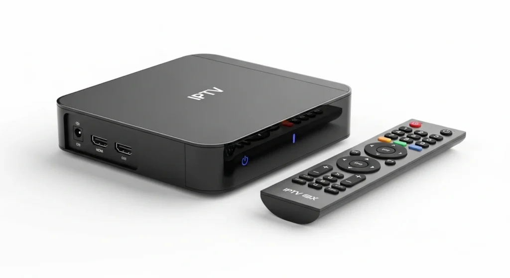 Moderne woonkamer met tv waarop een streaminginterface zichtbaar is en een IPTV-kastje op het tv-meubel.