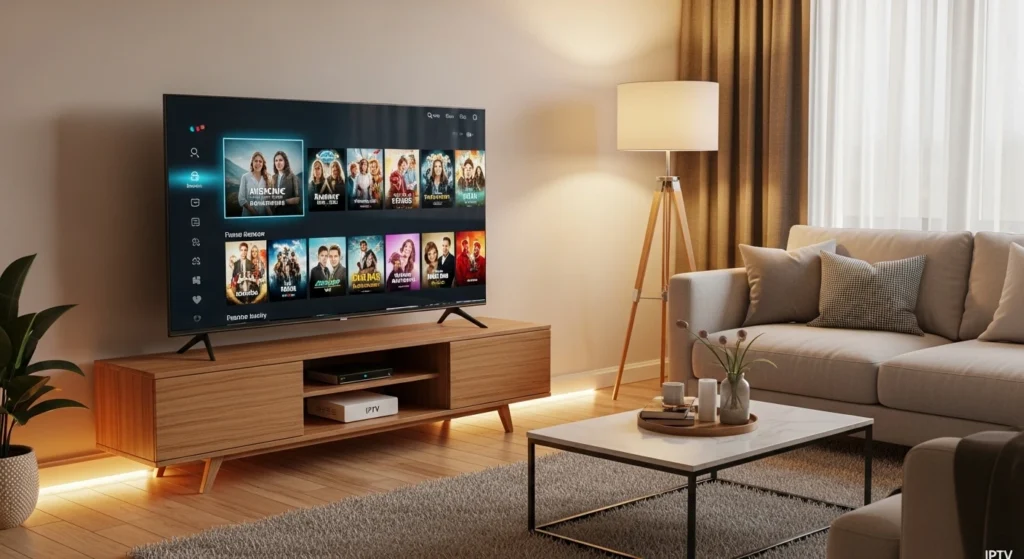 Zwart IPTV-kastje met afstandsbediening op witte achtergrond in professionele productfoto.