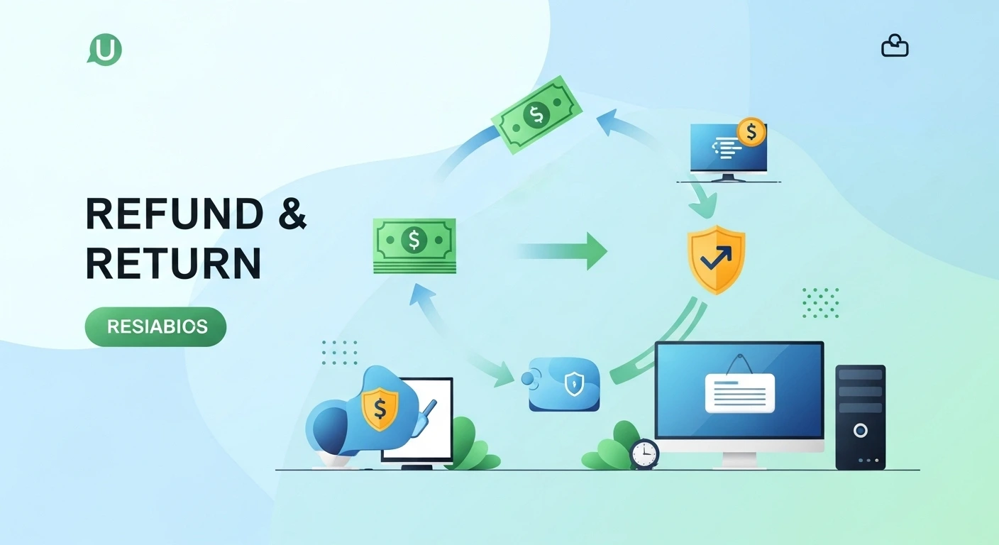 Illustratie van veilige terugbetaling en retourproces met iconen van geld, pijlen en digitale apparaten, passend bij de Rückerstattungs- und Rückgaberichtlinie van SetIPTV.