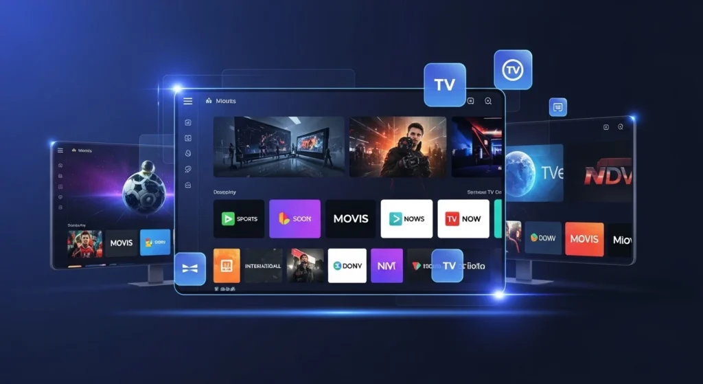 zenderlijst van een digitale tv-interface met diverse kanalen, waaronder sport, films en internationale zenders, passend bij de zenderlijst van SetIPTV.