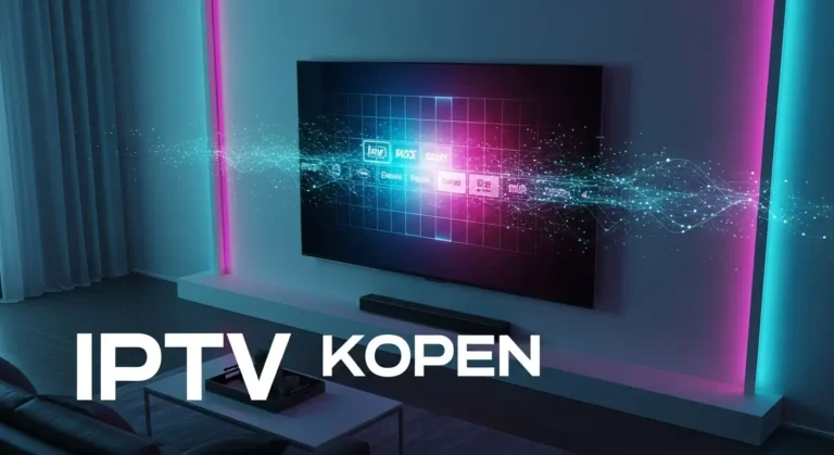 Smart TV met streaming-interface en neonlichten — conceptafbeelding voor IPTV kopen