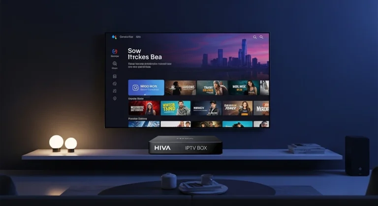 Moderne woonkamer met IPTV Box en 4K televisie die internationale zenders streamt.