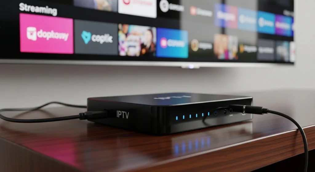 Close-up van een IPTV Box op een tv-meubel, aangesloten op een 4K televisie met kleurrijke streaming kanalen.