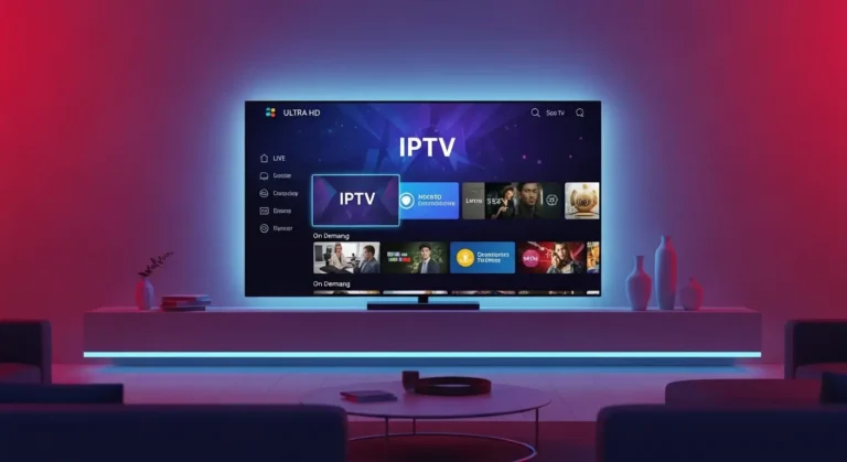"Moderne woonkamer met een UHD-smart-tv waarop een kleurrijke IPTV-interface met live-kanalen en streamingapps wordt weergegeven."