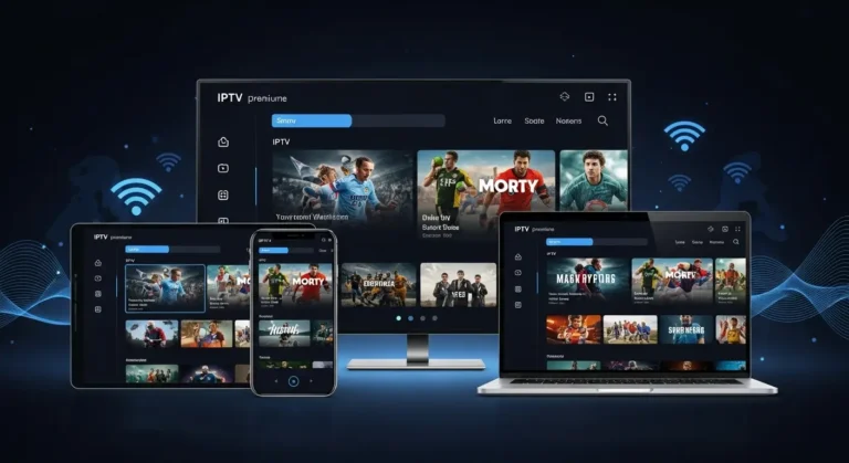 Een moderne hero-afbeelding met de IPTV Smarters Pro-app op een smart-tv, smartphone, tablet en laptop, met een strak blauw-paars futuristisch ontwerp.