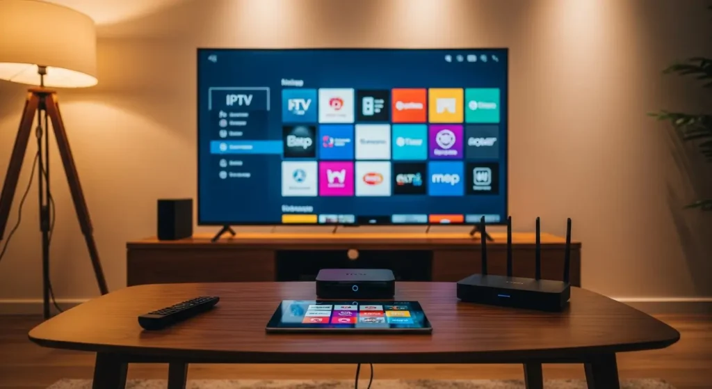 IPTV box aangesloten op een 4K-tv in een moderne woonkamer met streaming-apps op het scherm