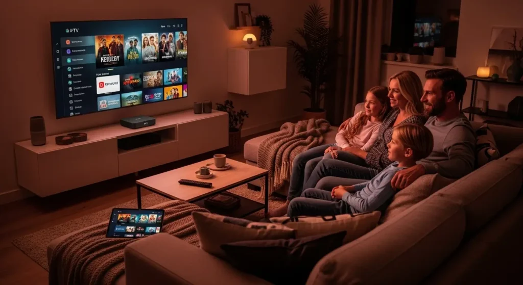 "Gezin van vier kijkt samen televisie via een IPTV box, 4K-tv toont on-demand films en series"