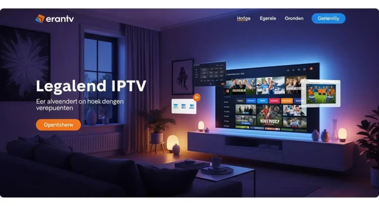 Een moderne woonkamer met een groot televisiescherm waarop Nederlandse tv-zenders en sportuitzendingen worden gestreamd via een legale IPTV-dienst. Dutch IPTV