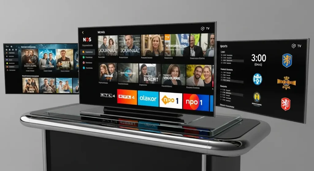 Een digitale interface met Nederlandse IPTV-kanalen, films en live sport op meerdere schermen, met moderne, futuristische accenten.