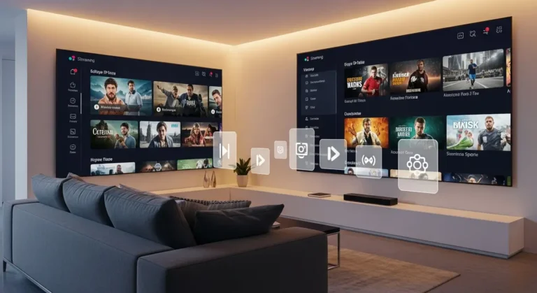 Een moderne woonkamer met een groot tv-scherm waarop een IPTV Player interface live Nederlandse kanalen, films en sport toont.