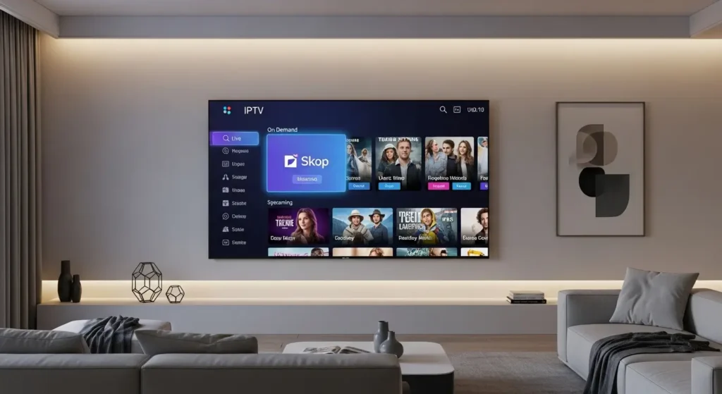 "Moderne woonkamer met een UHD-smart-tv die een interactieve IPTV-interface toont met live-kanalen en streamingapps."