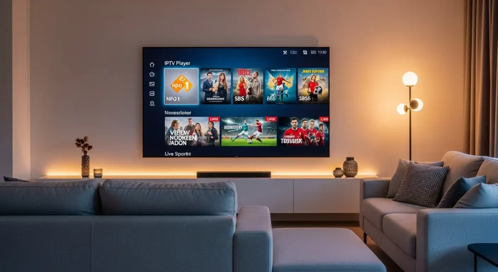 Een moderne woonkamer met een groot tv-scherm waarop een IPTV Player interface Nederlandse kanalen en live sport streamt.