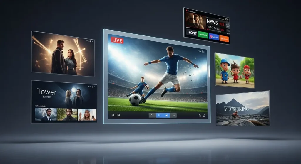 Een futuristische digitale interface van een IPTV Player met meerdere schermen die tv-kanalen, films en live sport tonen, in Nederlandse kleuren.