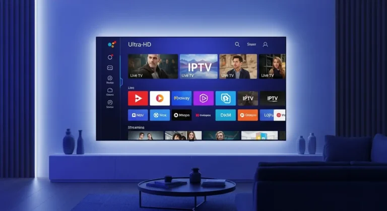 Slimme UHD-televisie in een moderne woonkamer met een kleurrijke IPTV tv -interface vol zenders en live-streamingopties.