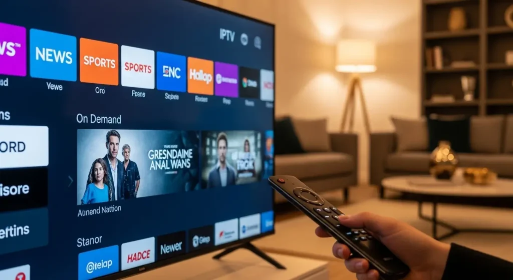"Smart-tv in een stijlvolle woonkamer, met een kleurrijke IPTV-interface en on-demand content op het scherm."