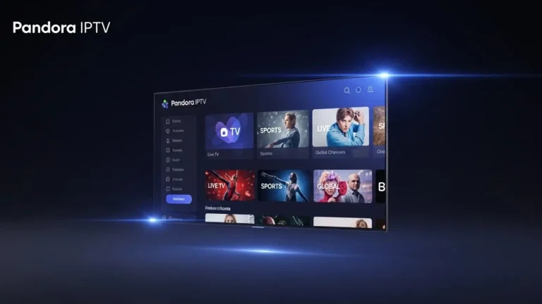 Pandora IPTV hero-afbeelding met een moderne smart-tv die live tv, films en sportkanalen toont in een futuristische interface.