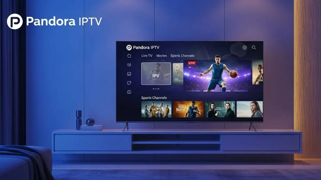 Moderne Pandora IPTV hero-afbeelding met een smart-tv die live tv, films en sportkanalen toont in een strak ontwerp.