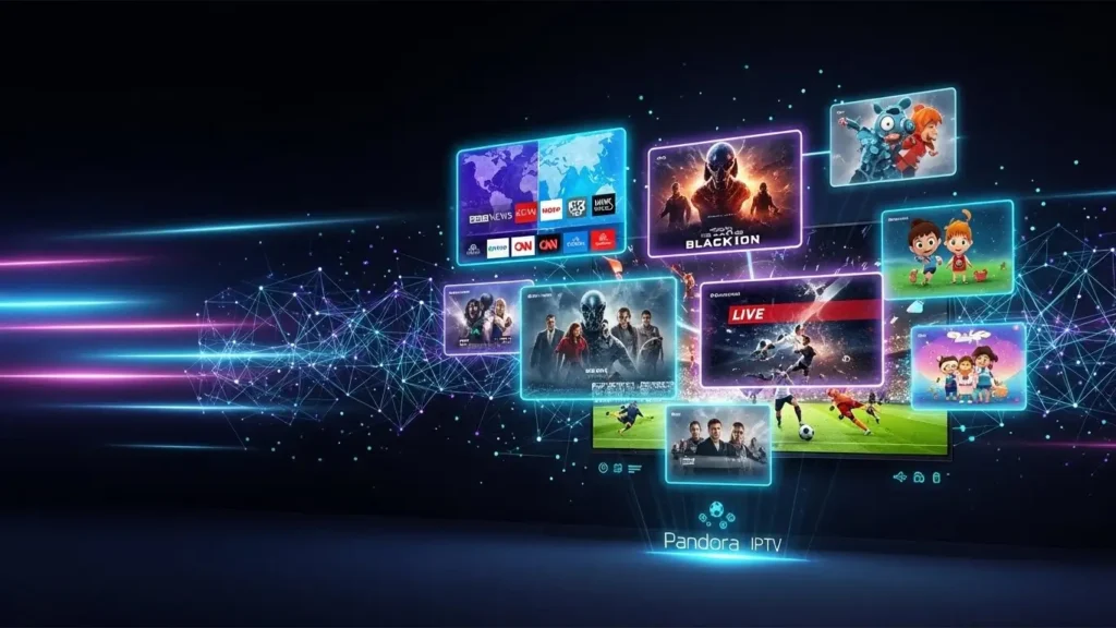 Futuristische Pandora IPTV visual met digitale schermen en een innovatieve streaminginterface.