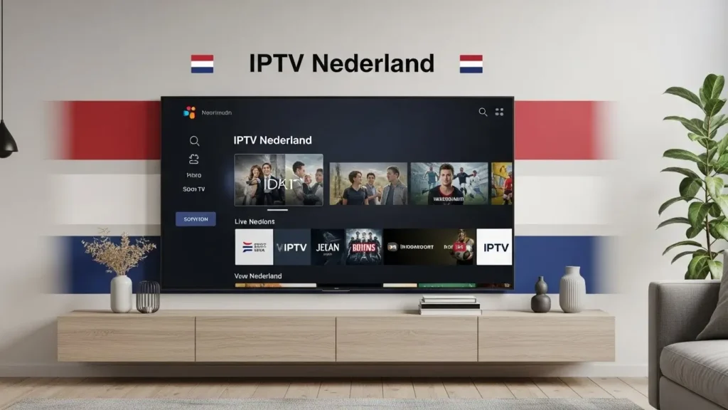 IPTV Nederland hero-afbeelding met een smart-tv die Nederlandse zenders, films en sport toont in een moderne interface.