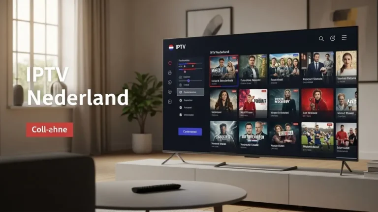 IPTV Nederland hero-afbeelding met een moderne smart-tv die Nederlandse zenders, films en live sport toont.