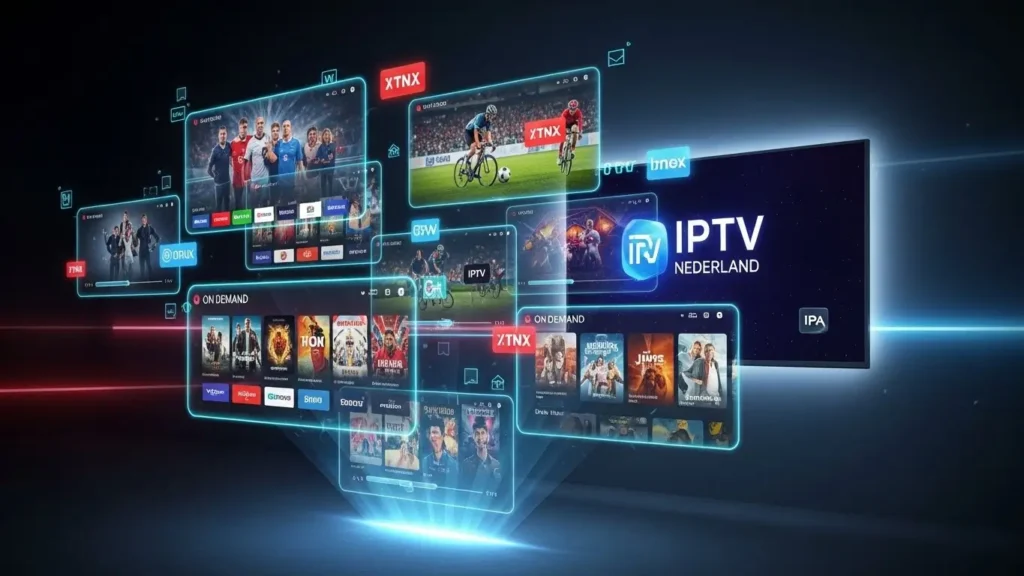 Moderne IPTV Nederland visual met digitale schermen die live tv en streamingcontent tonen.