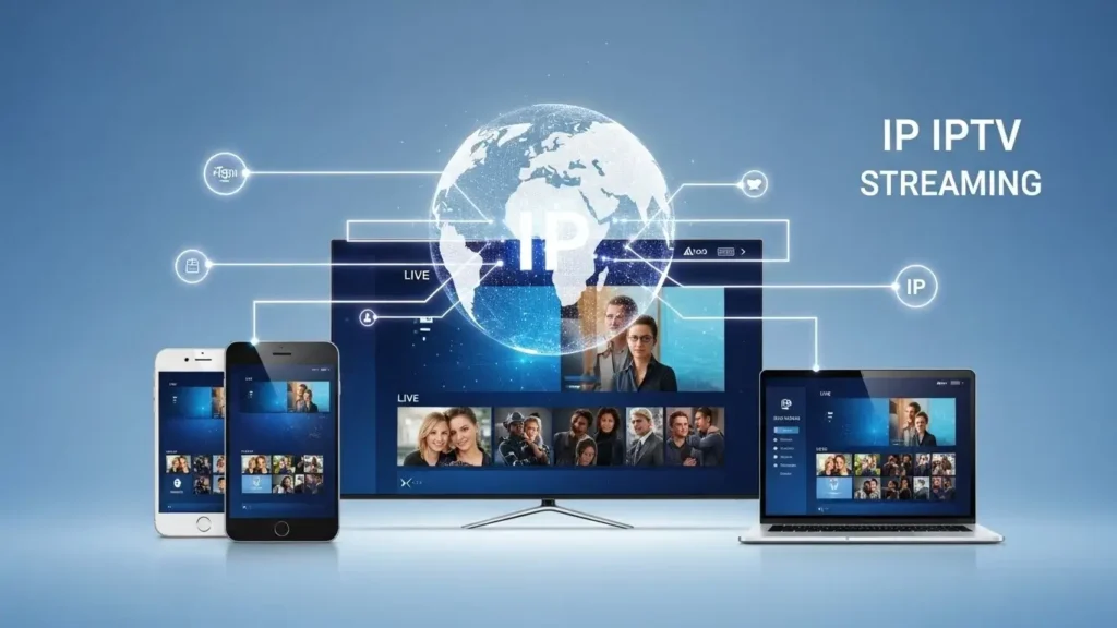 Digitale IP IPTV-oplossing met verbonden apparaten en datanetwerken.