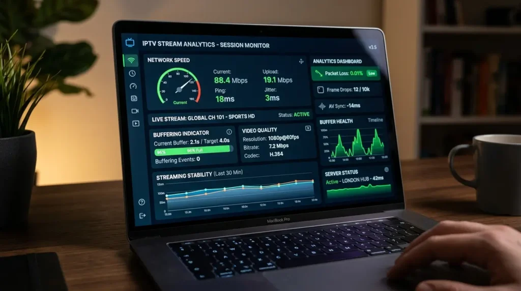 IPTV testresultaten op laptop met snelheid en buffering