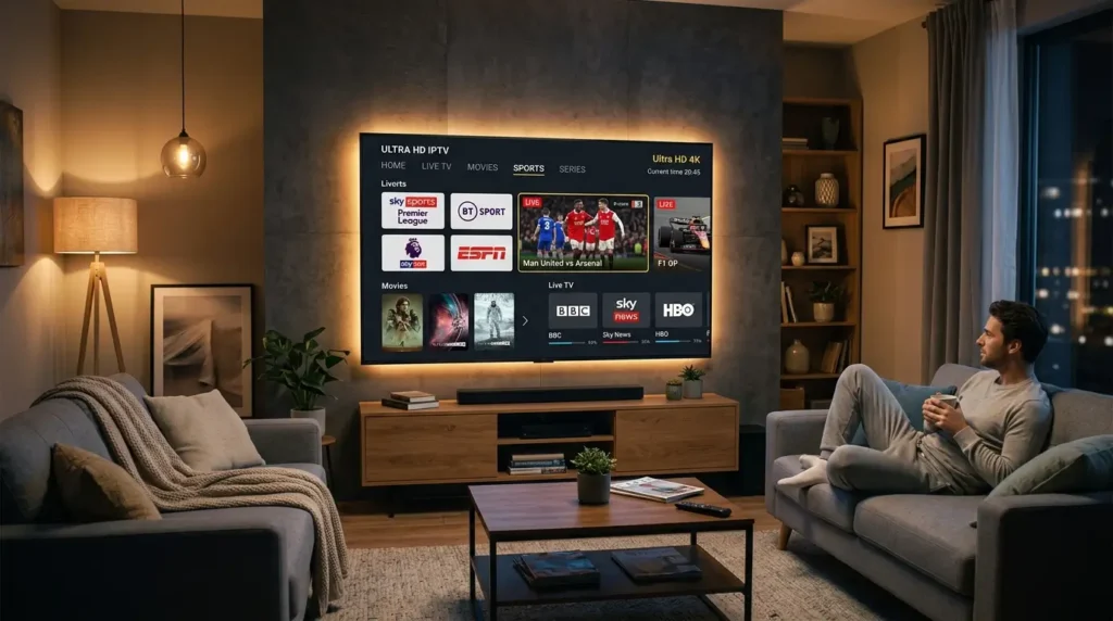 Gebruiker navigeert door IPTV abonnement met afstandsbediening