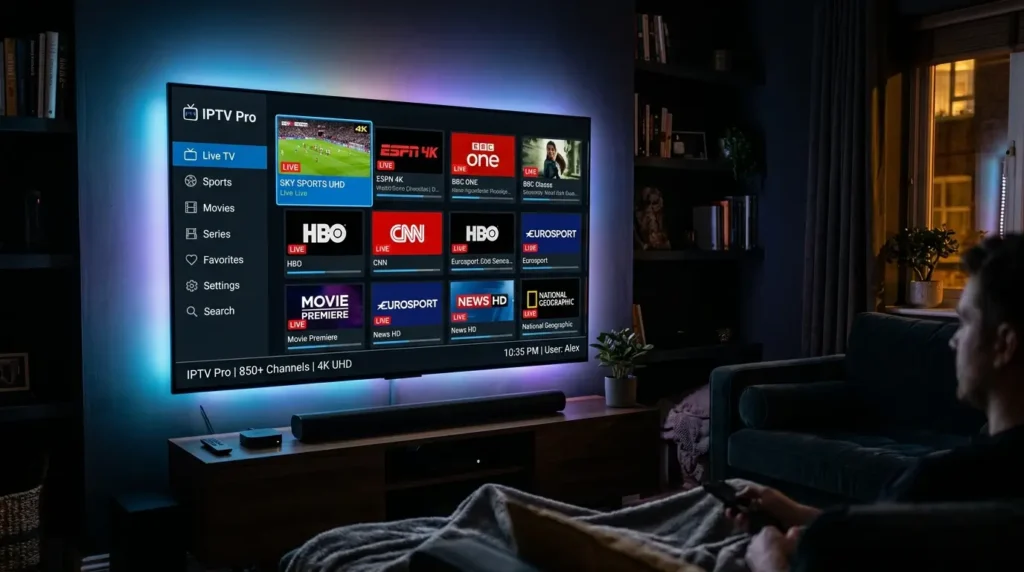 IPTV Pro interface op smart TV met live zenders in ultra HD en moderne streaming dashboard