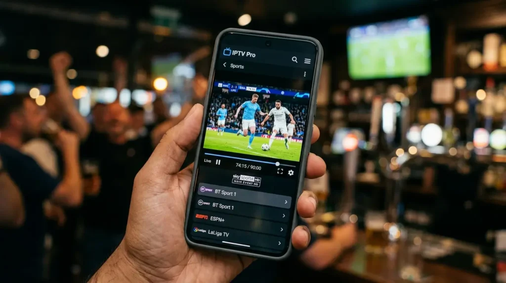 Smartphone met IPTV Pro app die live sport streamt in hoge kwaliteit