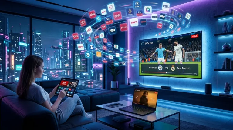 Meerdere apparaten met IPTV Pro streaming inclusief smart TV tablet en laptop