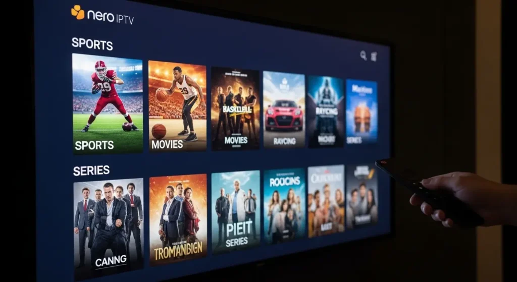 Nero IPTV interface met sport en film categorieën