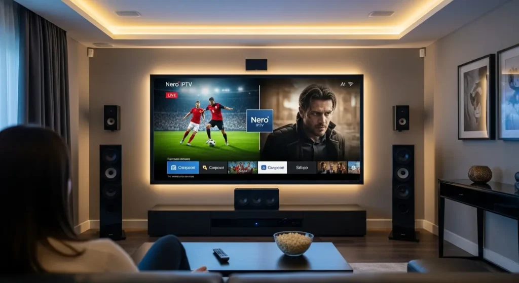 Nero IPTV thuisbioscoop met groot scherm en surround sound