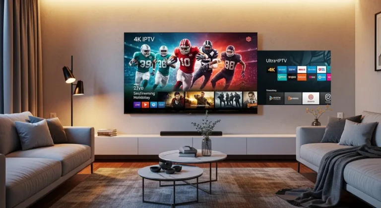 IPTV 4K op smart TV in moderne woonkamer met live sport en films