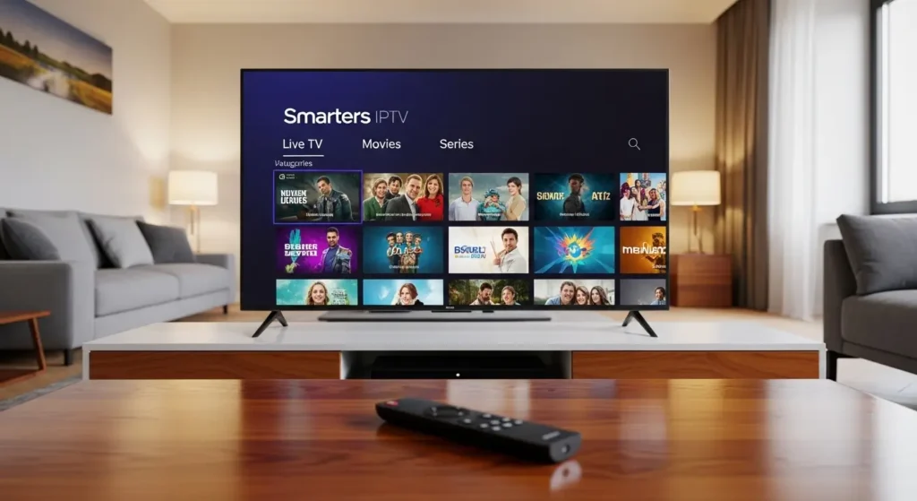 Smarters IPTV interface op smart tv met live tv, films en series overzicht