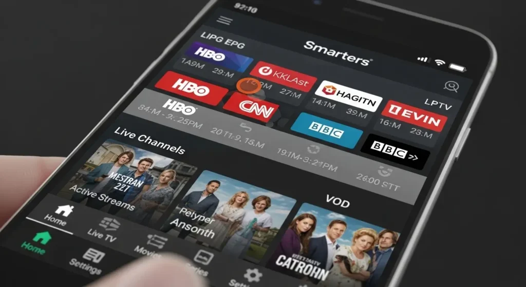 Smarters IPTV app op smartphone met tv gids en live kanalen