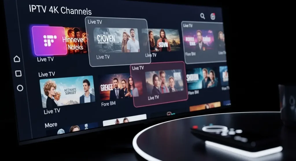 IPTV 4K interface met live tv en filmkanalen op smart TV