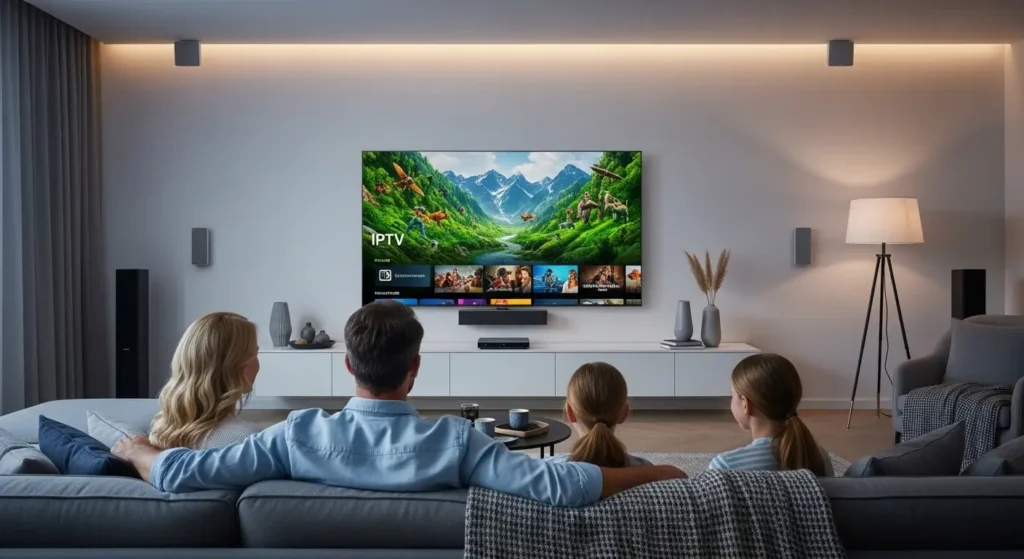 Gezin kijkt IPTV 4K op groot scherm met home cinema setup