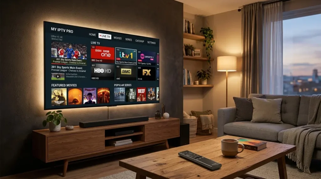 Gebruiker bedient IPTV applicatie op Samsung Smart TV met afstandsbediening