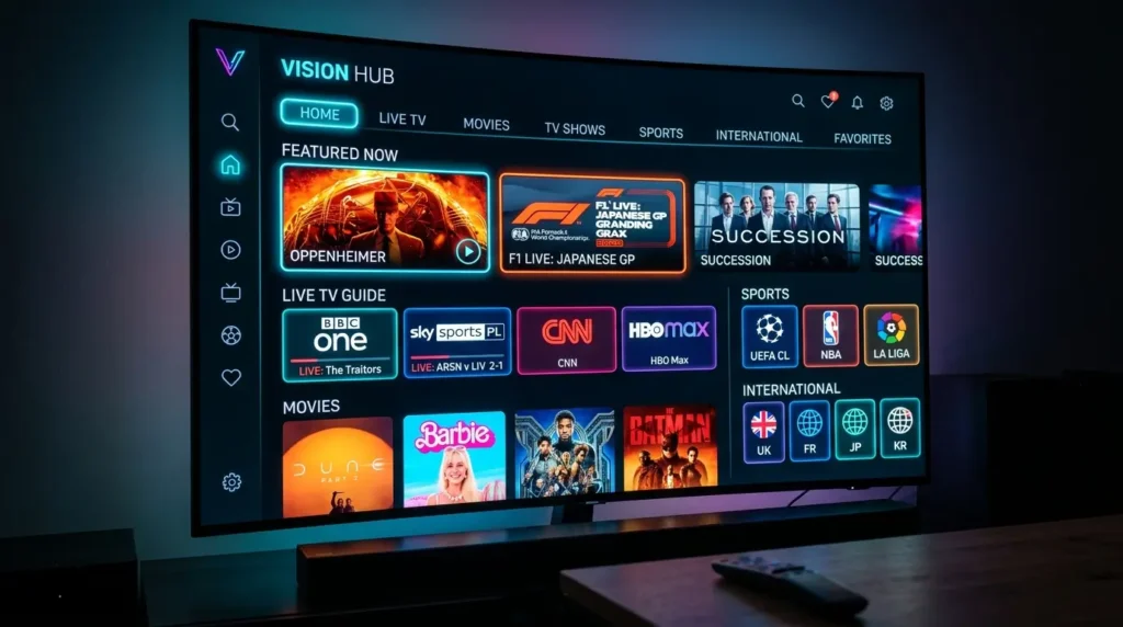 Samsung Smart TV IPTV app dashboard met sport, films en internationale kanalen