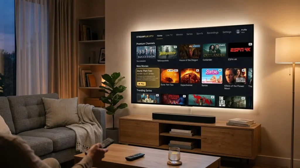 IPTV abonnement interface met sport, films en internationale kanalen