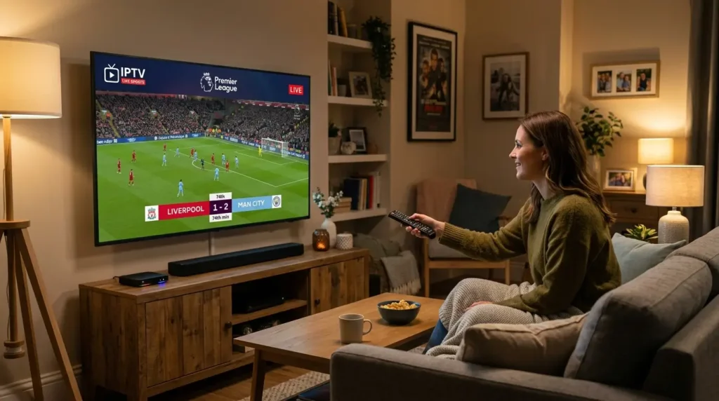 Gebruiker kijkt IPTV met abonnement op Smart TV met live streaming